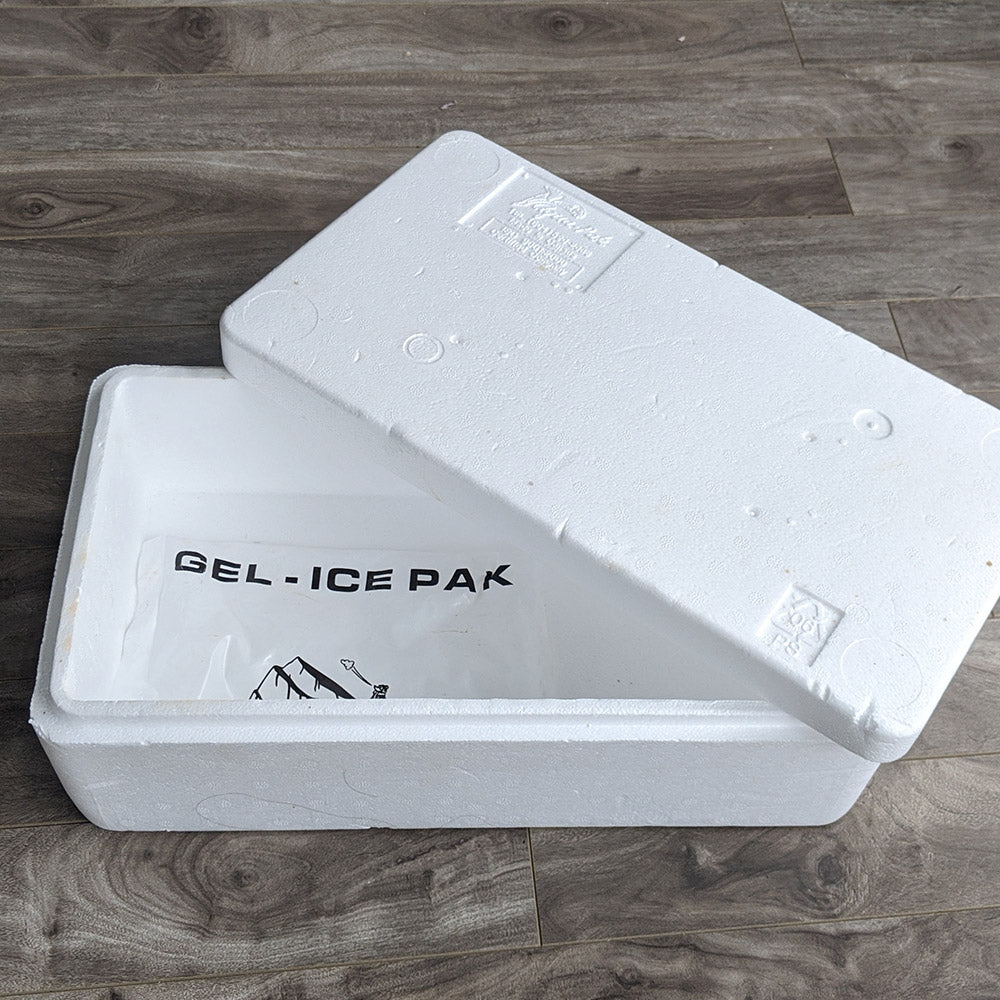 Styrofoam fish container, commonly known as a fish box.
